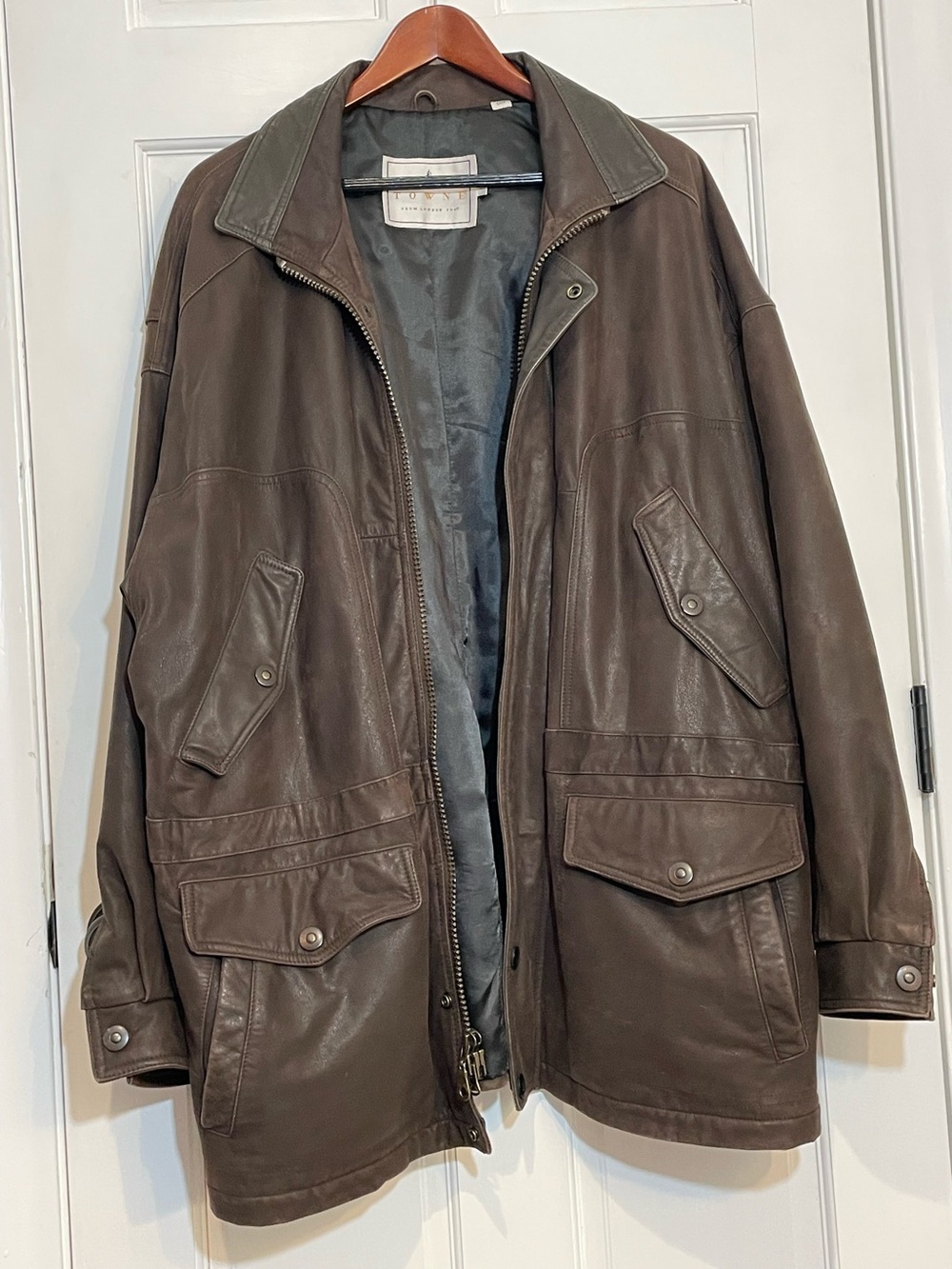 Towne From London Fog Mens XL Brown Genuine Leather Field Jacket Coat Vintage